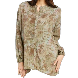JOHNNY‎ WAS CALME' Women's Medium Rayon Puff Sleeve Button Up Blouse Oversized